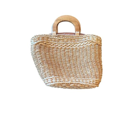 Etienne Aigner Womens Woven Straw Handbag Wooden Handles Lined Fabric Interior - Picture 1 of 5